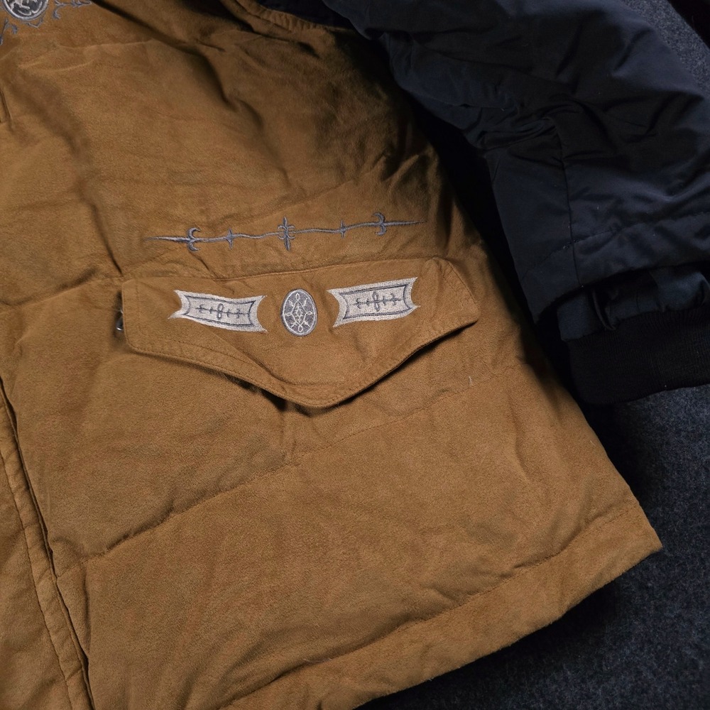 Vtg Bogner Suede Puffer Jacket Tan Black Western Embroidered Aspen Size 44 (L) - Picture 12 of 16